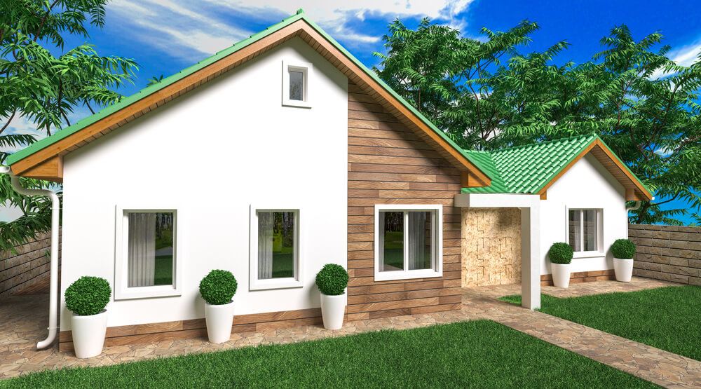 Fassadengestaltung modern - In dieser Simluation treffen Holz und Putz aufeinander