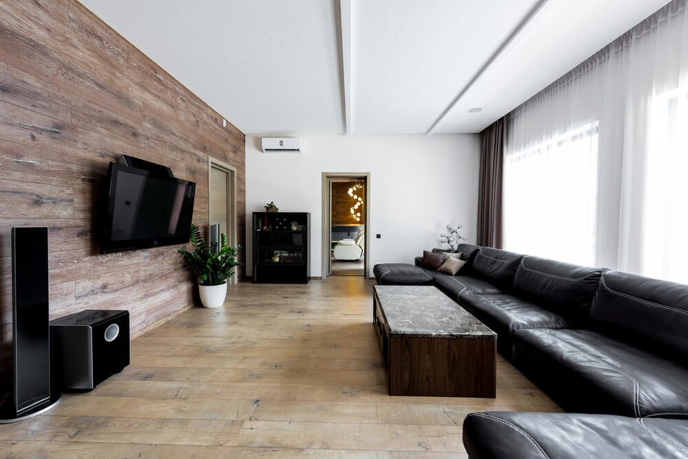 Wandgestaltung Wohnzimmer Fernsehwand mit Holz als optisches Highlight