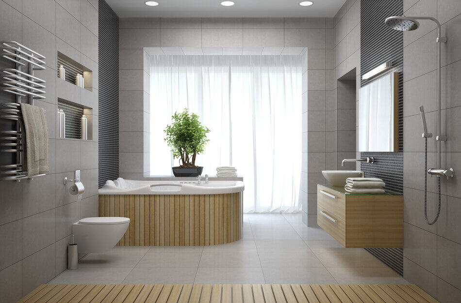 Badezimmer Wandgestaltung mit hohen Fliesen, Mosaik und Holzelementen